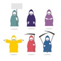 Set Grim Reaper in coloured raincoats. Death in different posit Royalty Free Stock Photo