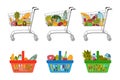 Set of grocery food baskets and shopping carts with different goods such as fruits and vegetables, meat and fish, milk