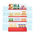 Set of grocery. Product on supermarket shelves. Food store interior. Jam, oil, pasta, flour cookie and canned Cartoon vector Royalty Free Stock Photo