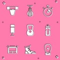 Set Groin guard, Punching bag, Stopwatch, Kettlebell, Fitness shaker, and Sport boxing shoes icon. Vector