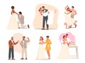 Set Groom and Bride Wedding Ceremony, Man Carry Woman on Hands, Kiss Hand, Couple Dance and Cut Cake Together Royalty Free Stock Photo