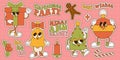 Set of groovy Christmas retro cartoon characters stickers pack. Vintage mascots patch collection for xmas party