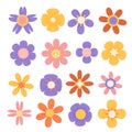 Set of Groovy flowers with grain texture. Funny daisy collection. Sticker pack in trendy retro trippy style. Isolated