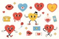 Set groovy heart character, valentine's day, vector