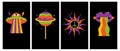 Set of groovy hipie vertical posters in 60s.70s stayle. Vector icons: sun,lips with rainbow,spaceship, planet. Vector