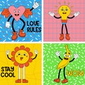 Set groovy retro cartoon stickers with funny comic characters with faces, gloved hands and feet. Trendy cartoon power flowers,