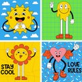 Set groovy retro cartoon stickers with funny comic characters with faces, gloved hands and feet. Trendy cartoon sun, power flowers Royalty Free Stock Photo