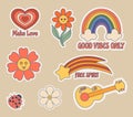 Set Of Groovy Stickers. Heart, Daisy Flower, Rainbow And Guitar, Comet And Lady Bug. Hippie Culture Isolated Patches