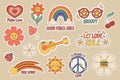 Set Of Groovy Stickers. Heart, Daisy Flower, Rainbow And Peace Sign. Sunglasses, Guitar, Comet And Sun. Lady Bug