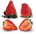 Set, group, collection strawberry realistic 3d vector. Set raw strawberry fruit. Slice strawberry isolated. Concept of