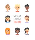 Set of a group of different people and text. Cartoon style characters of different races. Vector illustration caucasian, asian and Royalty Free Stock Photo