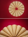 Set of a group of empty waffles cones on red background