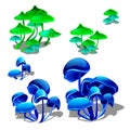 Set growing bright neon mushrooms isolated on white background. Hallucinogenic mushrooms. Vector cartoon close-up