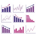 Set of growing graphic icons in purple, lilac. Business graphic. A business graph with an arrow. A collection of growth charts Royalty Free Stock Photo