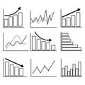 A set of growing graphics icons in black and white. Business graphic. A business graph with an arrow. A collection of growth Royalty Free Stock Photo