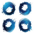 Set of grunge blue ink textured brush circles isolated on white