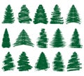 Set of grunge brush drawing of Christmas tree. Beautiful doodle spruce, ink paint. Vector illustration