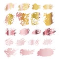 Set of grunge brush strokes with gold rose foil texture. Collection of golden metallic gradient template.