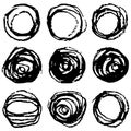 Set of grunge circles. Damage round grunge shape silhouette. Circle distressed grunge texture. Texture Stamp. Vector illustration Royalty Free Stock Photo