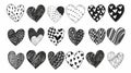 Set of grunge dribble doodle hearts on white background