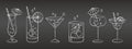 Set of grunge line drawings of refreshing fruit cocktails with ice cubes, straws and umbrellas. Drink icons, cafe menu Royalty Free Stock Photo