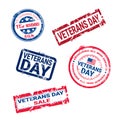 Set Of Grunge Rubber Stamps With Veteran Day Badge On White Background, Usa Holiday Retro Labels Collection