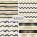 Set of grunge seamless pattern black gold stripes, waves, zigzag Royalty Free Stock Photo