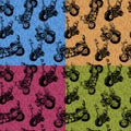 Set of grunge seamless patterns with hand drawn motobikes