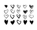 Set of grungy hand drawn hearts. Hand painted in the shape of a heart. Black linear silhouette clip art symbol of love