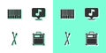 Set Guitar amplifier, Grand piano, Drum sticks and Musical note icon. Vector Royalty Free Stock Photo