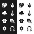 Set Guitar, Peace cloud, Love peace, Marijuana, dress print stamp, Speech bubble chat, Headphones and icon. Vector