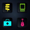 Set Guitar, Road traffic signpost, First aid kit and Open matchbox and matches. Black square button. Vector