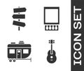 Set Guitar, Road traffic signpost, Rv Camping trailer and Open matchbox and matches icon. Vector