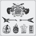 Set of guitar shop labels, emblems, badges and music icons.