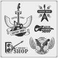 Set of guitar shop labels, emblems, badges and music icons.