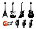 Set of guitar silhouettes black color isolated on white - Electric and Acoustic Guitars and Logo for Music store. Royalty Free Stock Photo