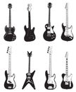 Set of guitar silhouettes black color isolated on white - Electric Guitars and Logo for Music store. Royalty Free Stock Photo