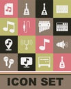 Set Guitar, Speaker volume, Music synthesizer, Balalaika, Audio jack, note, tone, book with and Pan flute icon. Vector