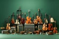 Set of guitars and other musical instruments. Musical flat green background