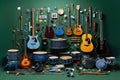 Set of guitars and other musical instruments. Musical flat green background