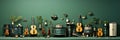 Set of guitars and other musical instruments. Musical flat green background