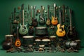Set of guitars and other musical instruments. Musical flat green background
