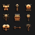 Set Gun powder barrel, Arrow, Magic wand, Medieval chained mace ball, Video game, staff, and Body armor icon. Vector