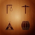 Set Gun powder barrel, Gallows, Indian teepee or wigwam and Pickaxe on wooden background. Vector