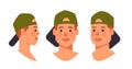 Set guy in cap head avatar front side view male character different views for animation horizontal