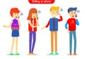 Set of guy and girl character calling on the phone with signal symbol, Male and female be on the phone, calling smartphone, They