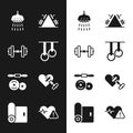 Set Gymnastic rings, Dumbbell, Shower, Metal rack with weight, Barbell, heart, Heart rate and Fitness mat roll icon