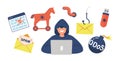 Set of Hacker Icons Trojan Horse, Worm, Memory Stick with Bug, Anonymous Man with Laptop, Spam Letter, Ddos Bomb