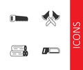 Set Hacksaw, Hand, Wooden log and axe icon. Vector