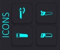 Set Hacksaw, Wooden axe, Hand and icon. Black square button. Vector